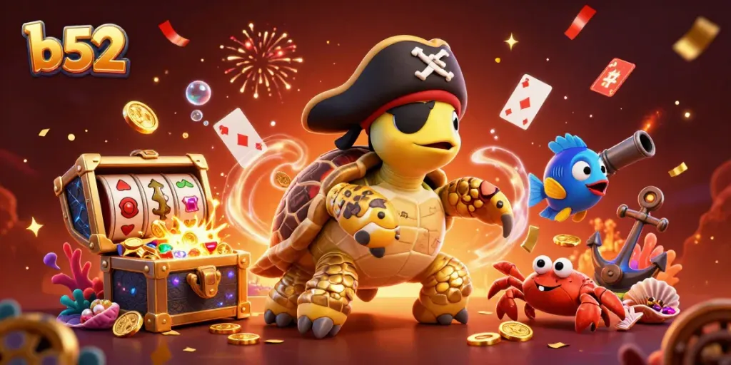 Join the b52 gaming adventure with a pirate turtle and friends in an underwater treasure scene.