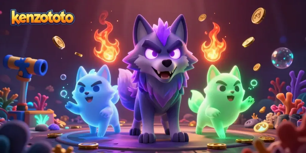 Kenzototo fish shooting game scene featuring animated wolves and underwater gaming elements.