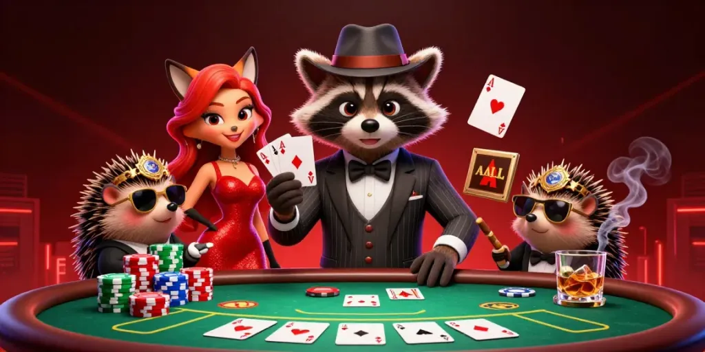 Rasakan keseruan bermain di EXOTOTO dengan rakun stylish, rubah cantik, dan bouncer landak di meja poker.