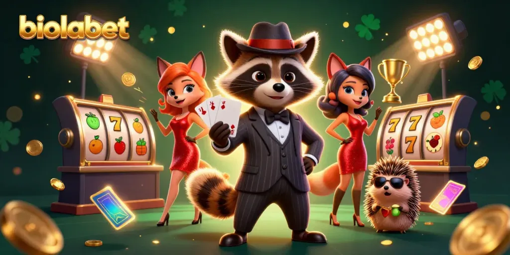 Play slots with biolabet in an exciting 3D casino scene featuring vibrant characters and dynamic elements.