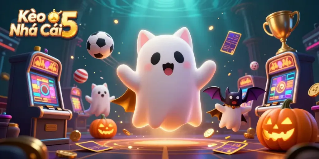 Experience thrilling Kèo Nhà Cái 5 action in a haunted casino with a ghost cat and sports elements.