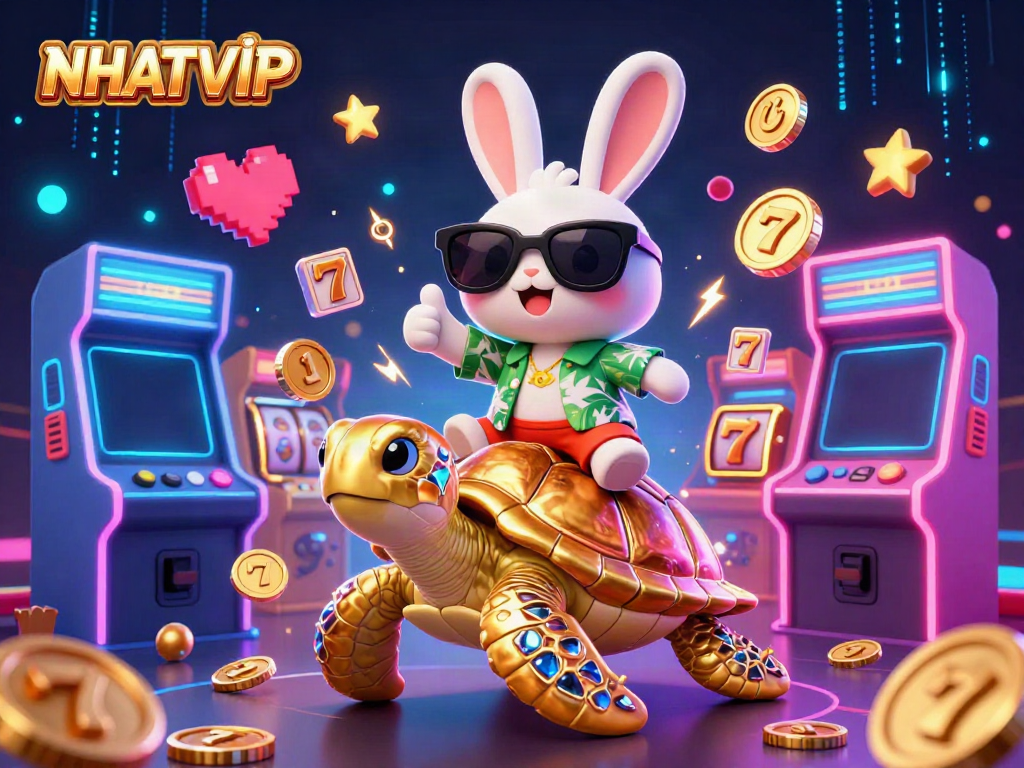 NHATVIP's vibrant gaming experience with a lucky rabbit and a golden turtle in a colorful casino scene.