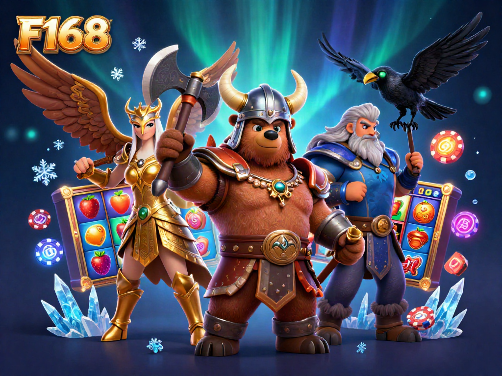 Experience thrilling gameplay at F168 with colorful slots, Viking bear, and Valkyrie eagle in action.