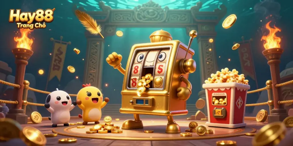 Celebrate big wins with Hay88 Trang Chủ showcasing joyful slot machines and golden tokens in action.