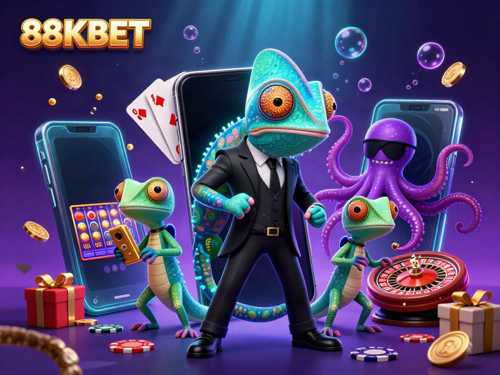 Experience the vibrant casino energy with 88KBET's captivating gaming scene featuring characters and thrilling elements.