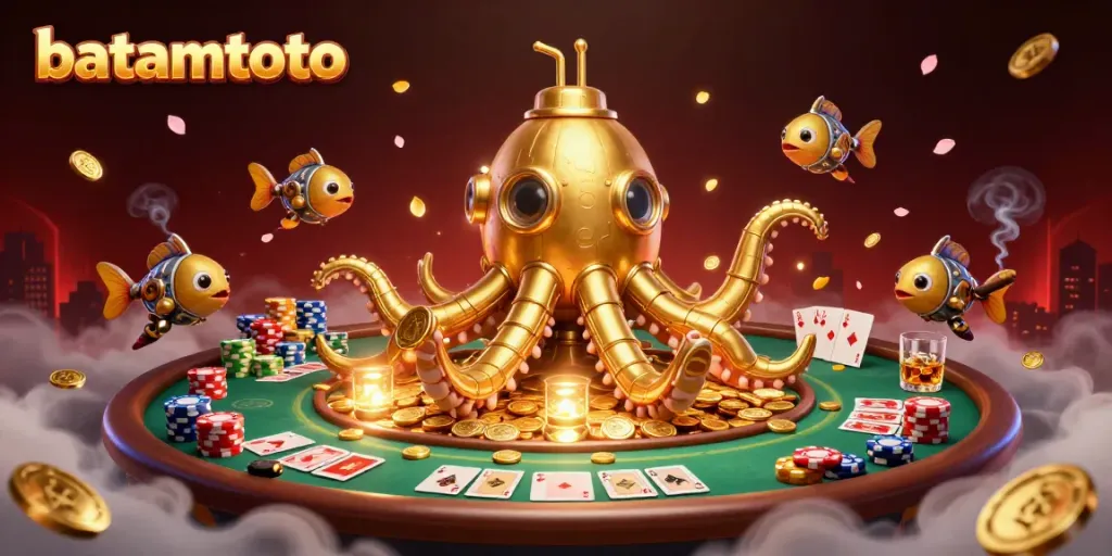 Experience the excitement of batamtoto with a golden kraken submarine emerging from coins, surrounded by dynamic poker elements.