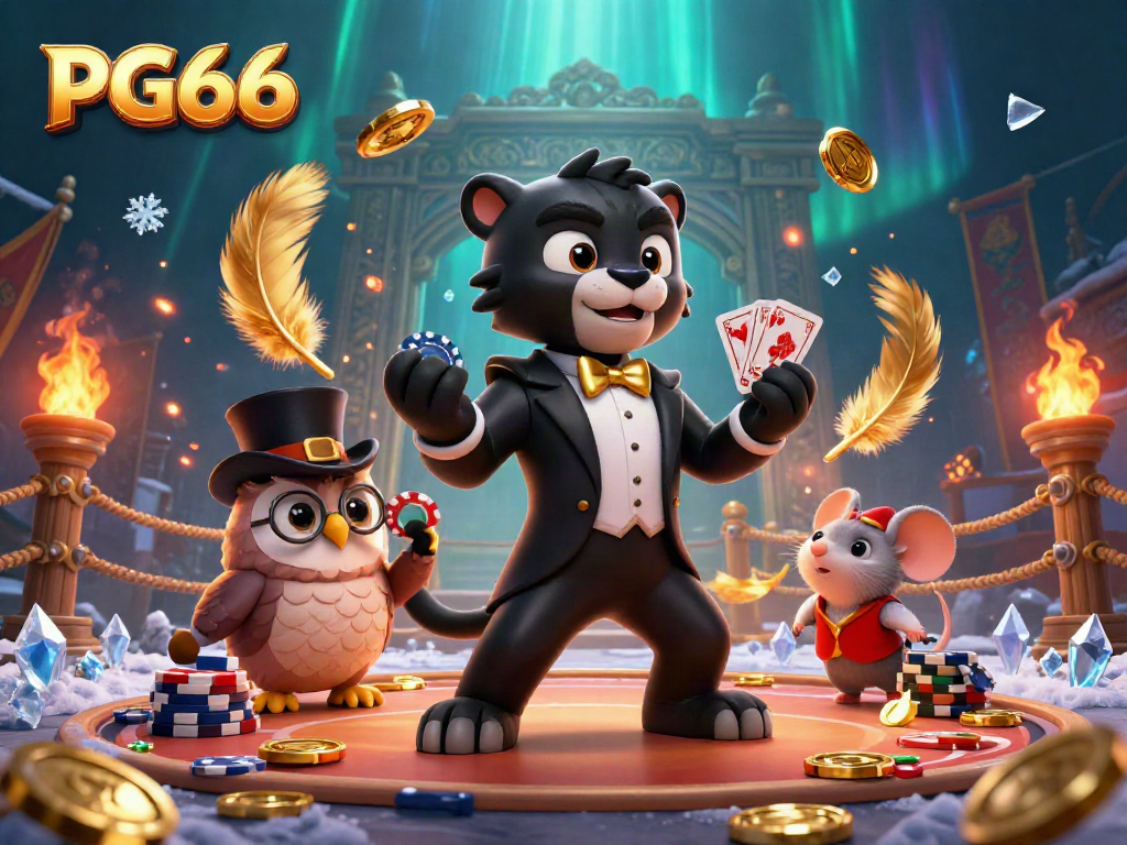 Experience the thrilling gameplay at PG66 with a stylish panther dealer and companions in a vibrant casino atmosphere.