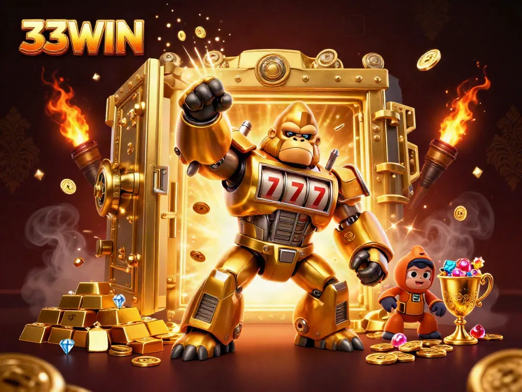 Experience thrilling winnings with 33WIN in this vibrant casino-themed illustration.