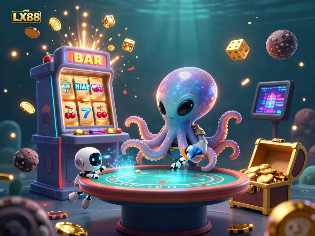 Experience thrilling gameplay at LX88 with a dazzling alien octopus and robot companions amidst a vibrant casino scene.