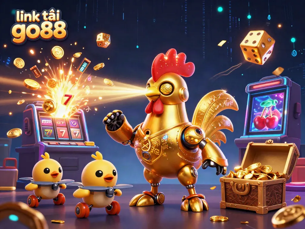 Engage in thrilling gameplay with link tải go88 featuring golden rooster robot and explosive slot machine art.