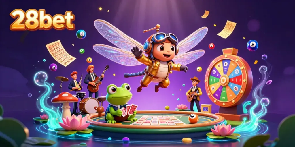 Engage with the colorful excitement of 28bet's casino atmosphere, featuring a dragonfly pilot, frog dealer, and musicians.