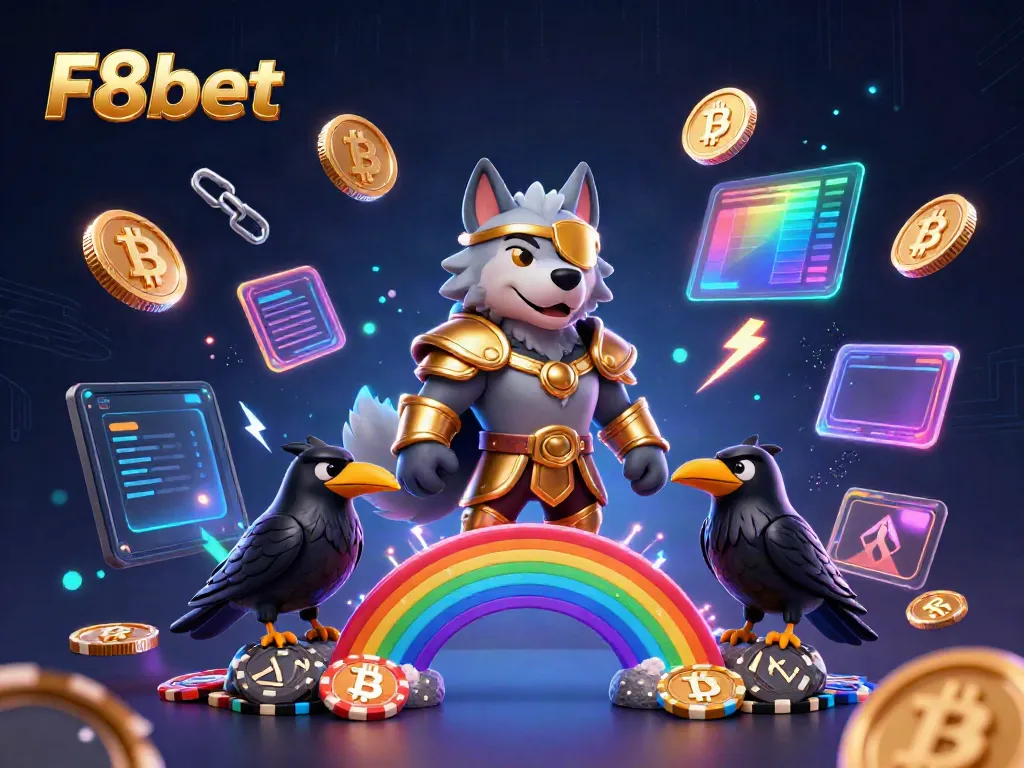 Experience F8bet's gaming world with a vibrant 3D illustration featuring Odin and ravens amidst neon casino elements.