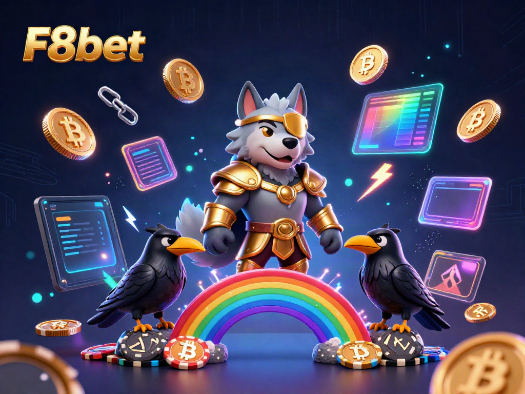 Experience F8bet's gaming world with a vibrant 3D illustration featuring Odin and ravens amidst neon casino elements.