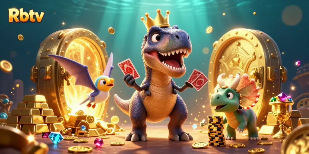 Menghadirkan Rbtv dengan kartu judi, dino imut menumpuk chip emas.