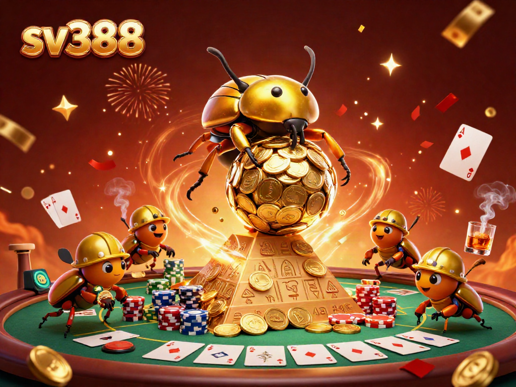 Engage in thrilling SV388 action with a golden beetle rolling coins in a vibrant casino backdrop.