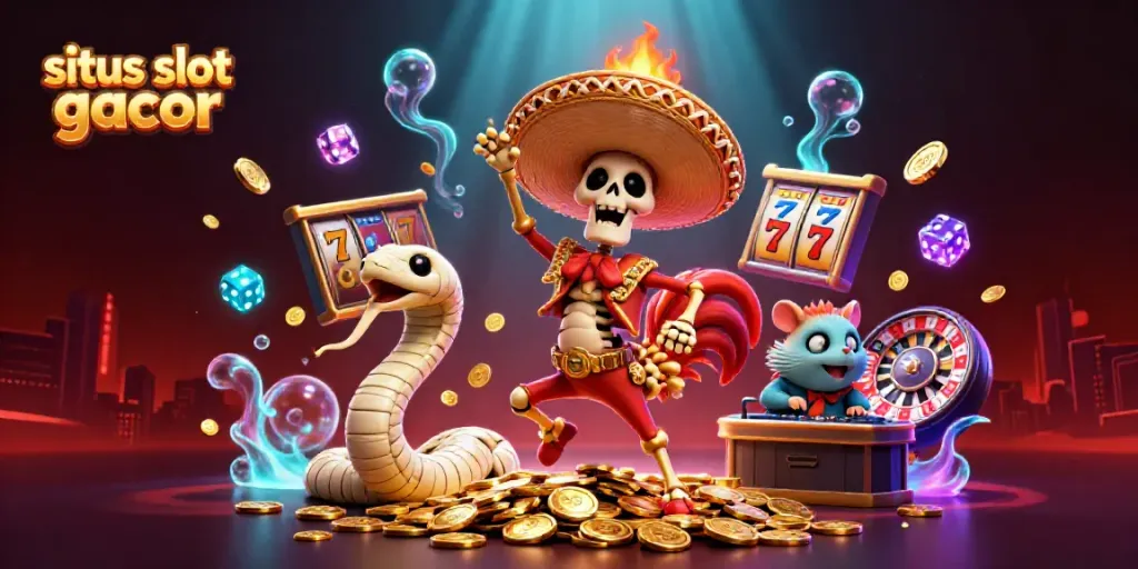 Experience the thrill of situs slot gacor with vibrant, animated characters celebrating on a rich gold backdrop.