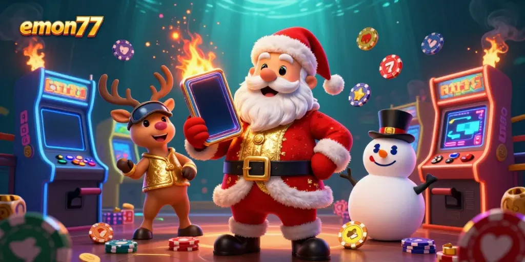 Game your way to jackpots with emon77's festive casino scene featuring Santa and friends.