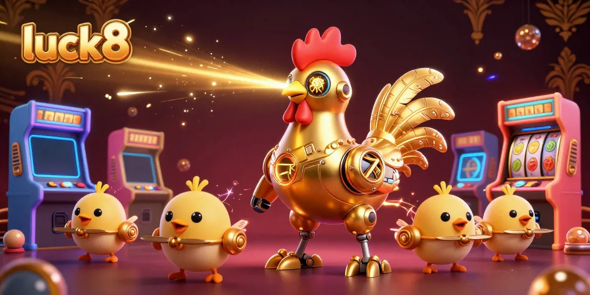 Engage in the fun of luck8 with a dynamic 3D scene showcasing a futuristic rooster robot and arcade elements.