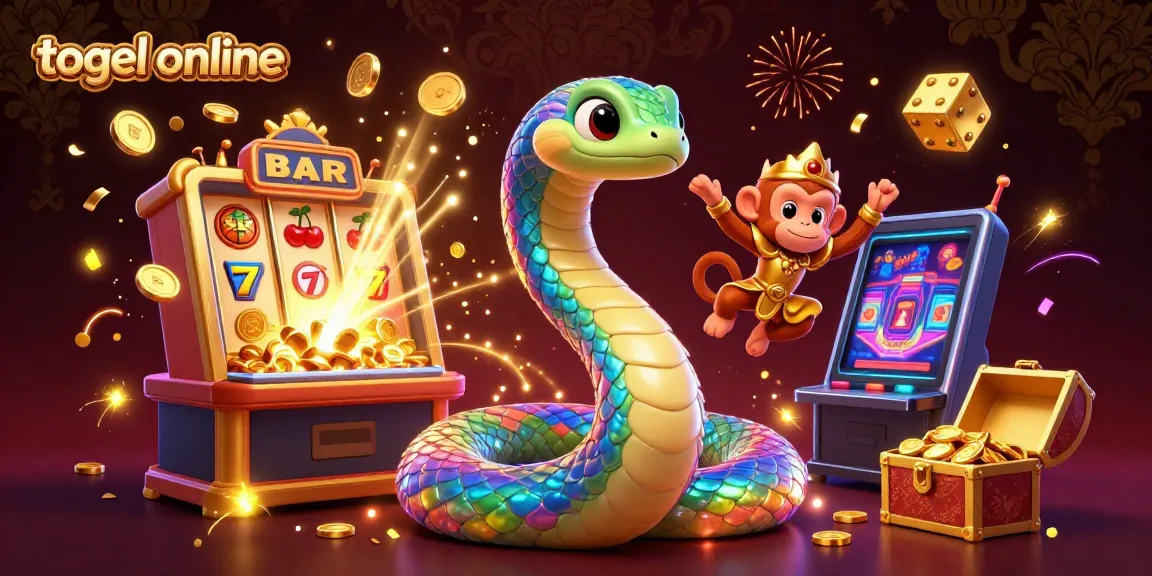 Gambar menarik tentang togel online dengan mesin slot, karakter naga berwarna-warni, dan koin emas.