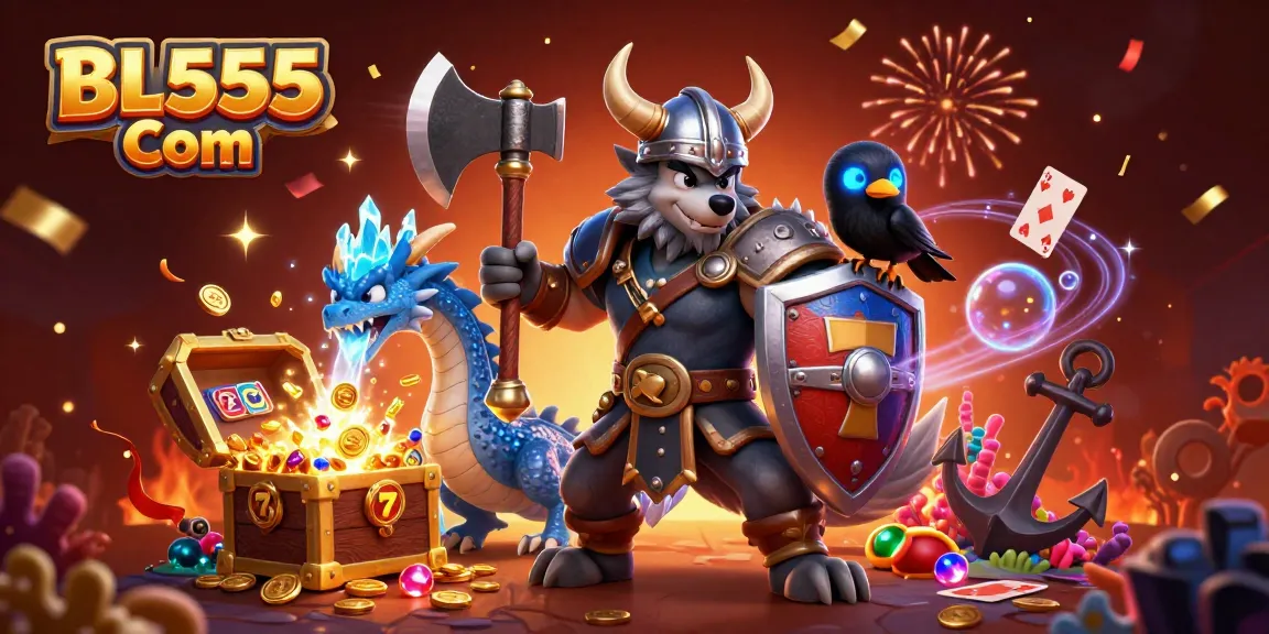 Engage with BL555 Com as a Viking warrior and dragon celebrate gambling wins amidst colorful slots and treasures.