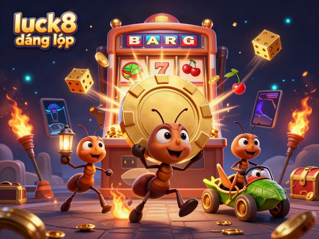 Experience luck8 đăng nhập through this vibrant 3D illustration depicting ants and casino themes.