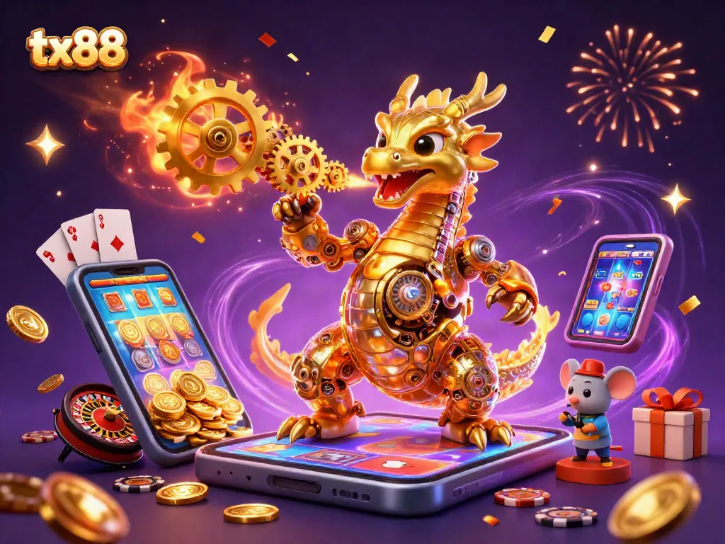 Spin to win with tx88: a dragon and engineer amidst vibrant casino gaming elements.