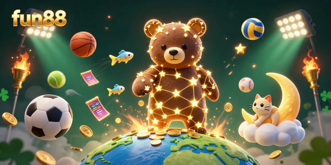 Win exciting moments with fun88, as a constellation bear scoops coins amidst sports action.
