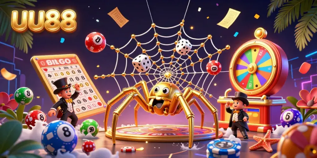 Engage with the vibrant scene of uu88, where a golden spider and a gentleman interact amidst dynamic lottery elements.