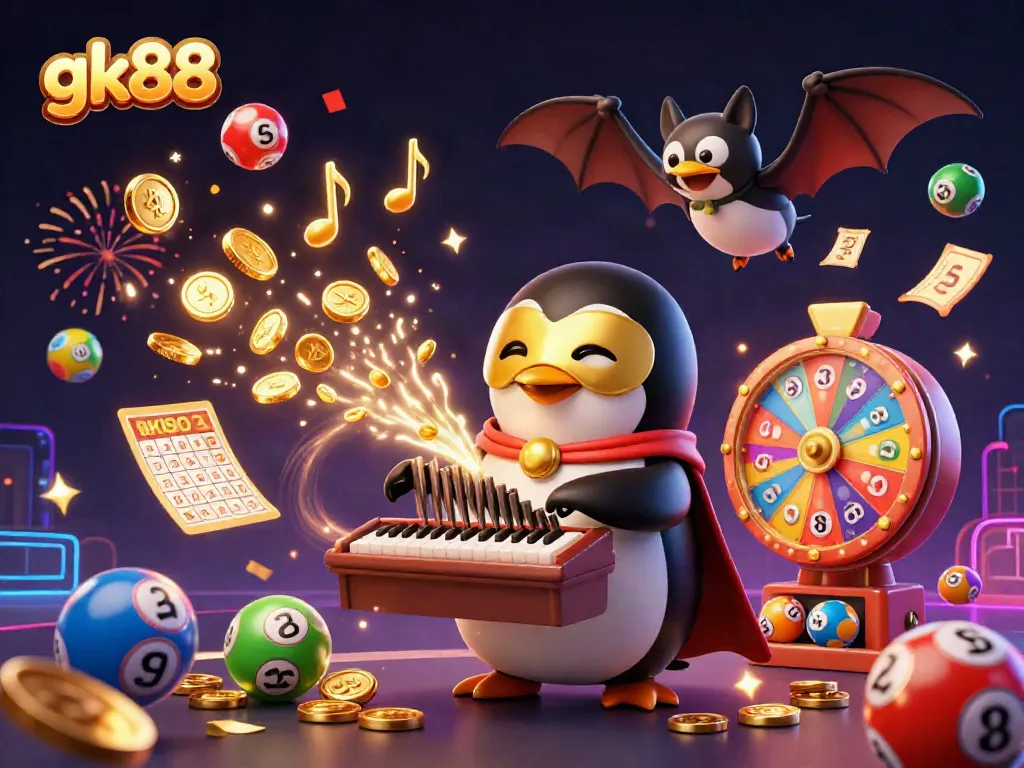 Experience the thrill at gk88 with a vibrant casino scene featuring a playing penguin and celebratory elements.