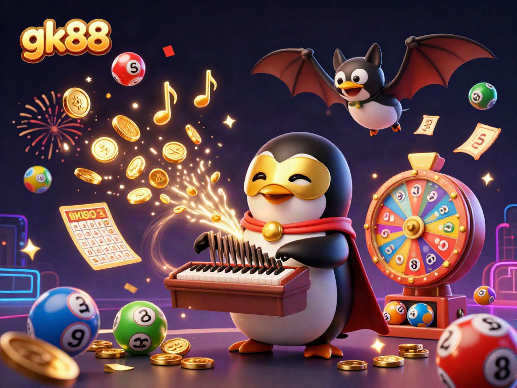 Experience the thrill at gk88 with a vibrant casino scene featuring a playing penguin and celebratory elements.