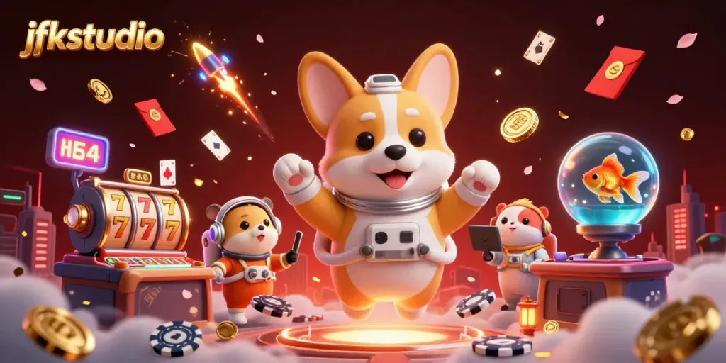 Engage with jfkstudio's unique casino scene featuring playful astronaut corgi and floating elements.