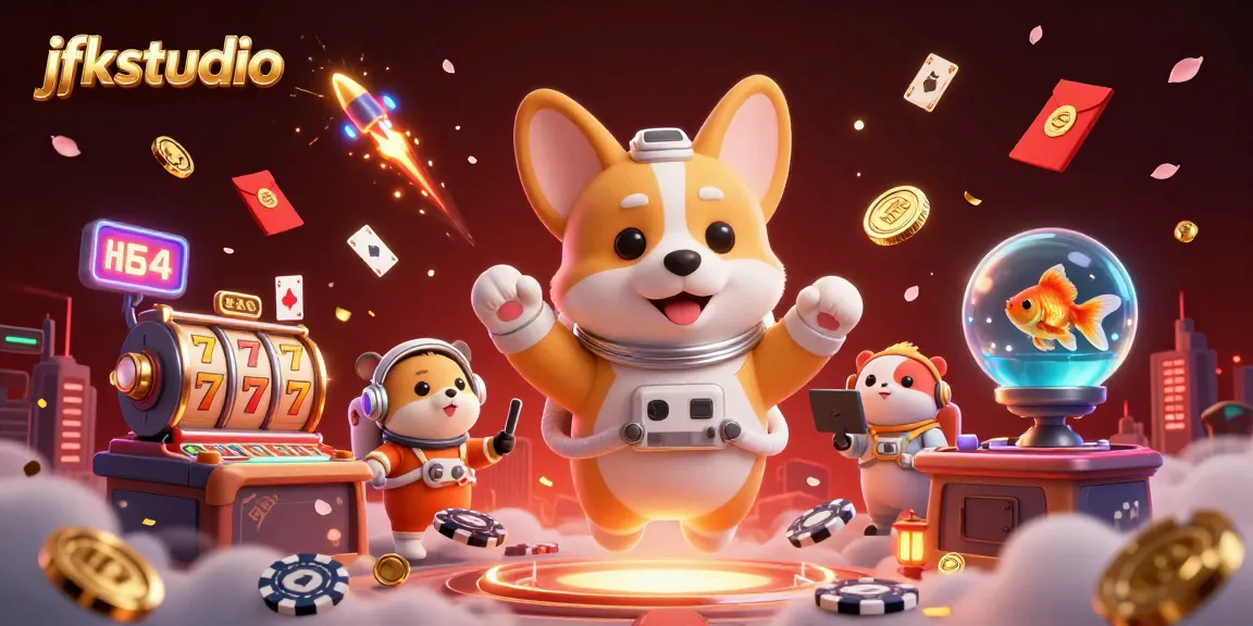 Engage with jfkstudio's unique casino scene featuring playful astronaut corgi and floating elements.