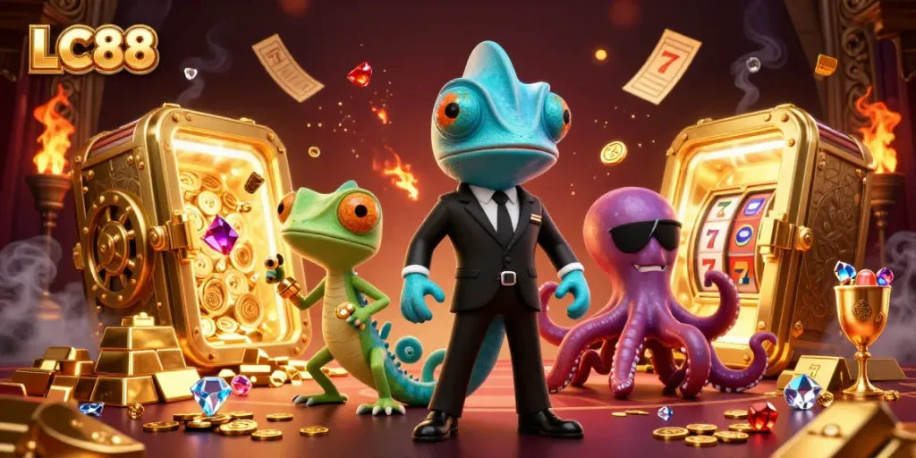 Experience thrilling gameplay at LC88 with a vibrant casino scene featuring colorful characters and treasures.