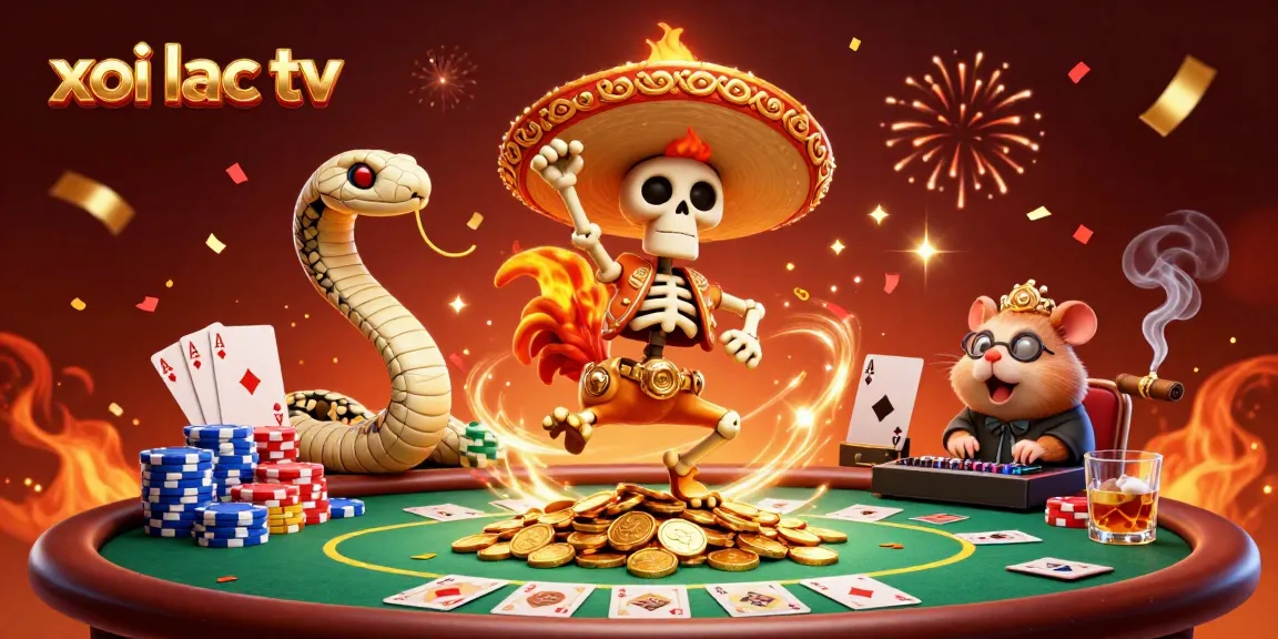Xoi lac tv showcases vibrant casino elements with a dancing rooster, mummy snake, and DJ hamster over poker chips.