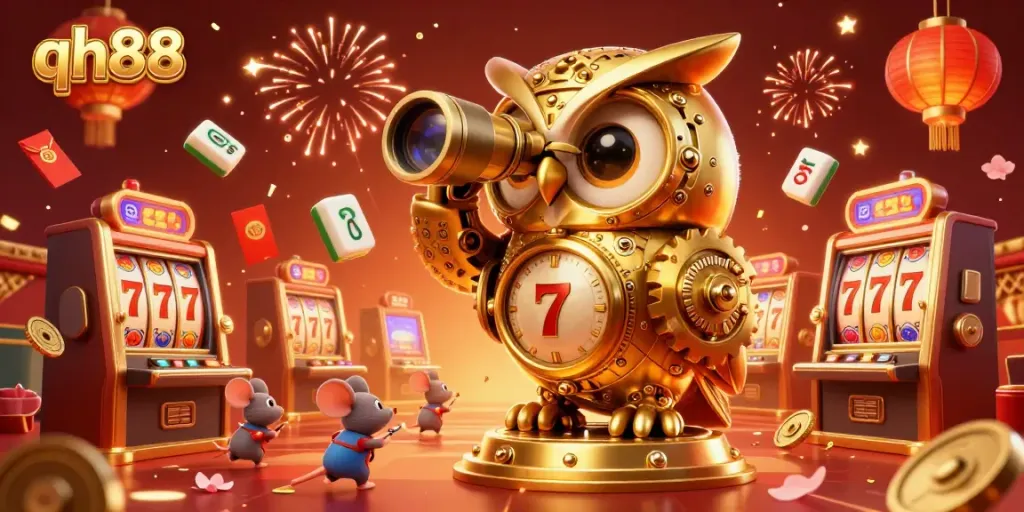 Experience excitement at qh88 with a lively scene of a golden owl monitoring a bustling casino filled with slot machines and festive elements.