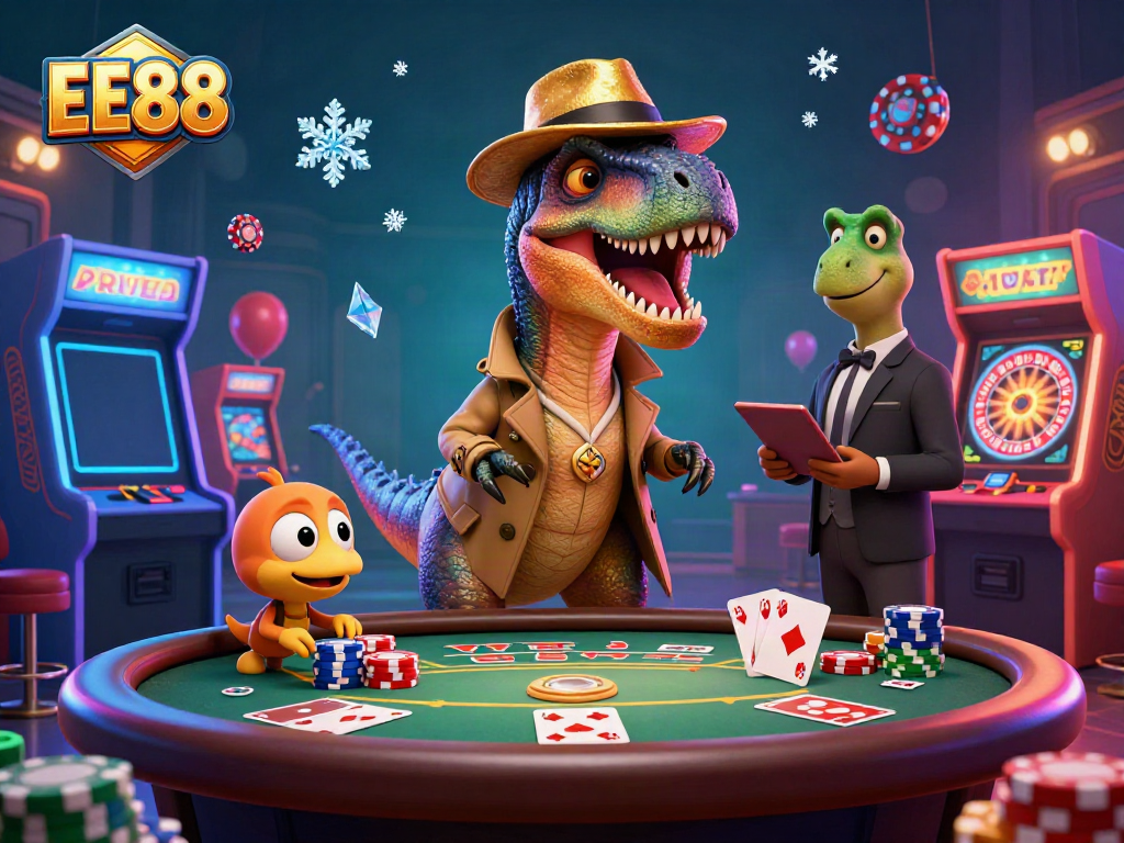 Experience high-stakes gaming at EE88 with a velociraptor card counter, a suspicious stegosaurus pit boss, and a sneaky compy pickpocket.