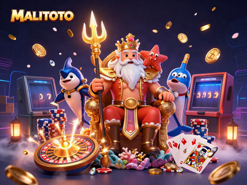 MALITOTO showcases a vibrant casino scene with Neptune, coins, and a casino wheel.