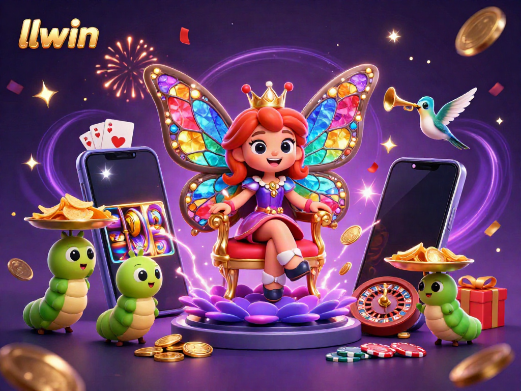 Experience gaming magic with llwin's colorful casino-themed 3D illustration featuring vibrant characters and slot games.