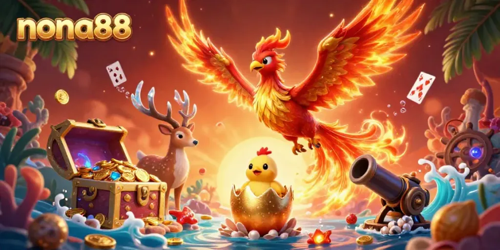 A captivating illustration of the fire phoenix from nona88 soaring above underwater treasures, embodying energy and excitement.