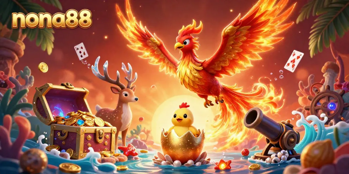 A captivating illustration of the fire phoenix from nona88 soaring above underwater treasures, embodying energy and excitement.