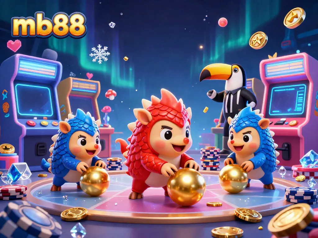 mb88 pangolins compete in a vibrant casino scene surrounded by gaming icons and colorful decorations