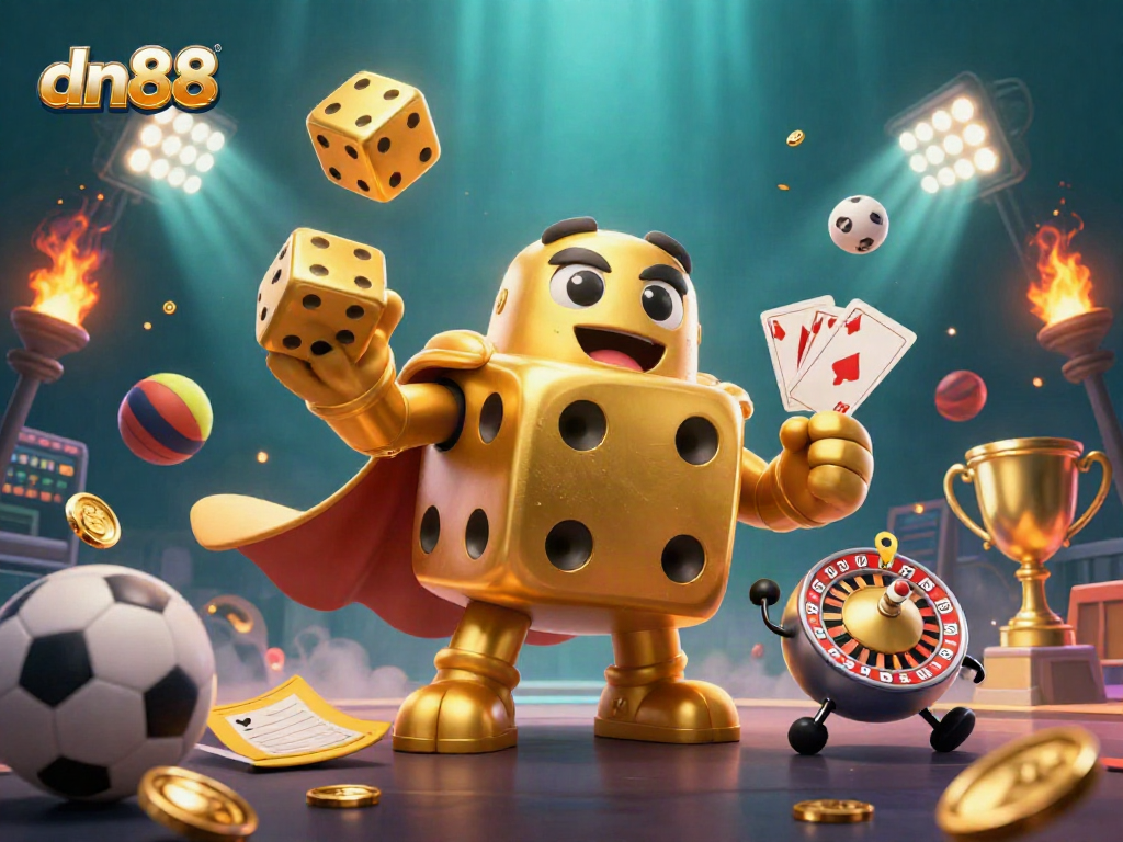 Experience thrilling gameplay with dn88: a vibrant illustration of a golden dice golem alongside dynamic casino elements.