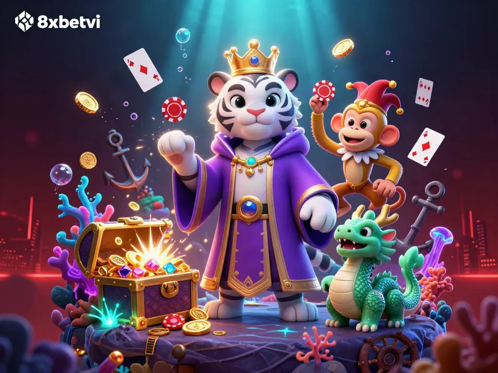 Experience the excitement at 8xbetvi with a vibrant 3D casino illustration showcasing a playful scene of winning energy.