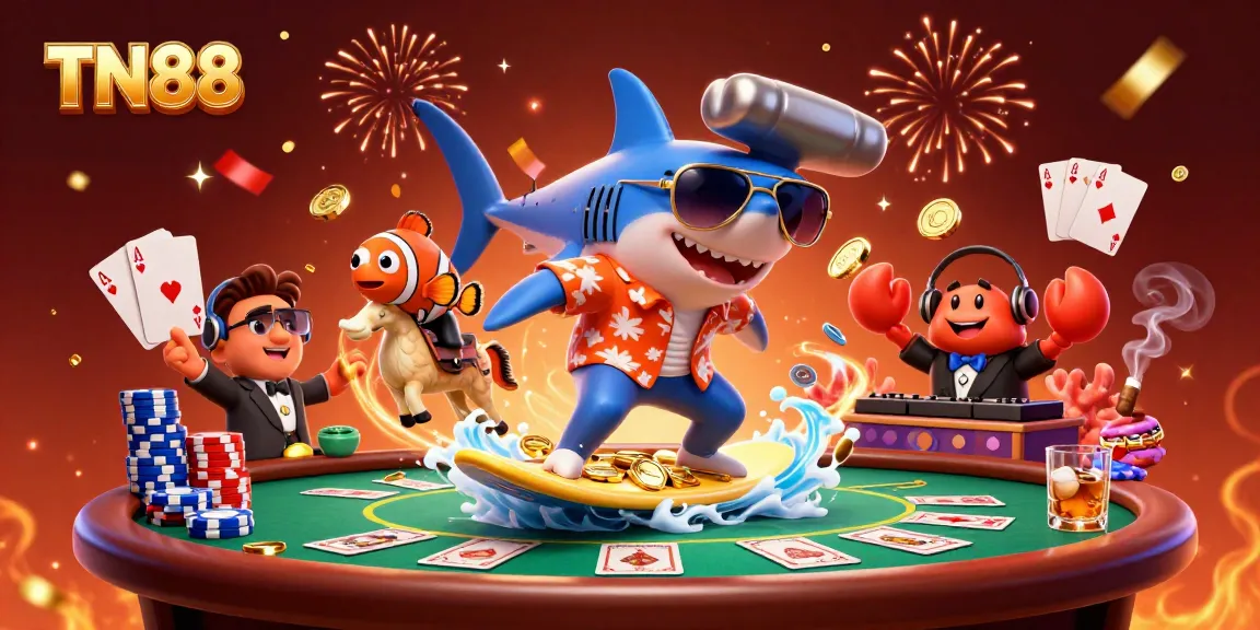 Experience the excitement of TN88 with a playful scene of a shark surfing gold coins amidst casino elements.