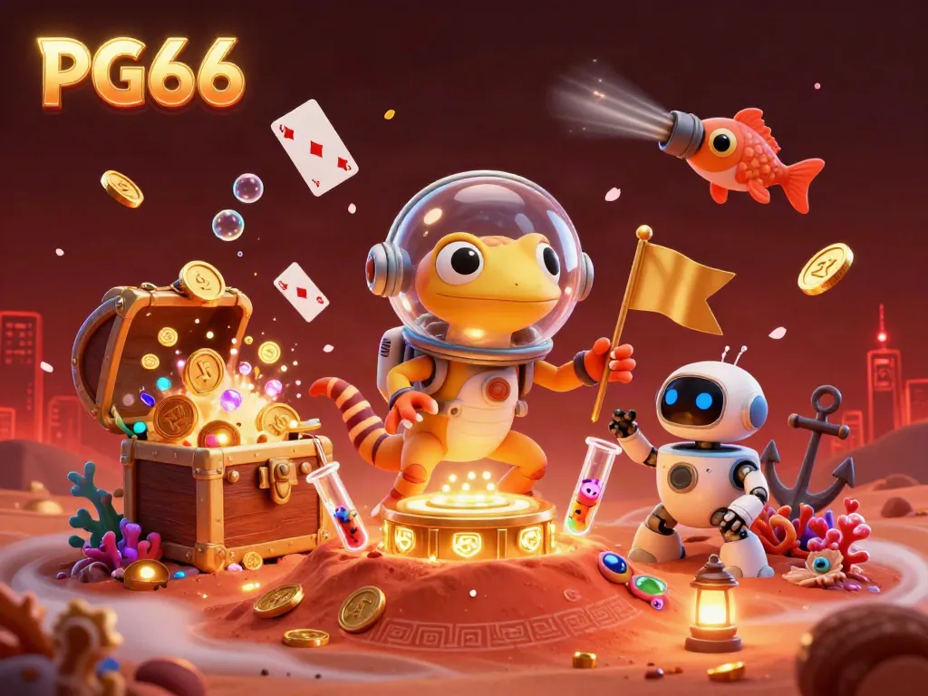 Experience PG66 with a 3D Martian gecko discovering a casino, surrounded by treasure and lively characters.