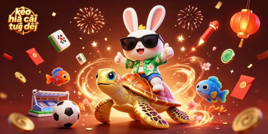 Engage with kèo nhà cái trực tiếp through this vibrant 3D illustration showcasing a lucky rabbit and golden turtle amid sports betting elements.