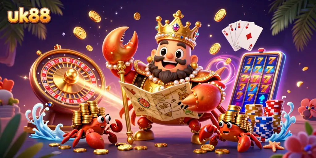 Engage in thrilling uk88 slot adventures with the golden crab emperor and treasure maps.