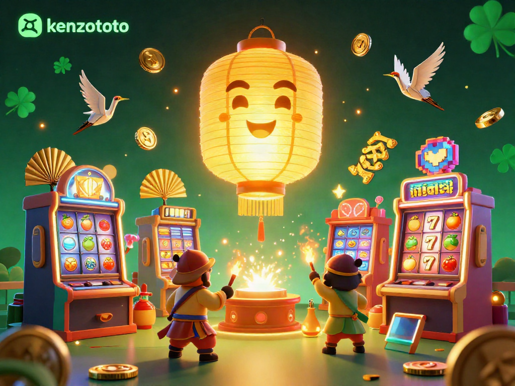 Kenzototo showcases a vibrant casino scene with a golden lantern spirit and colorful gaming elements, inviting engagement.