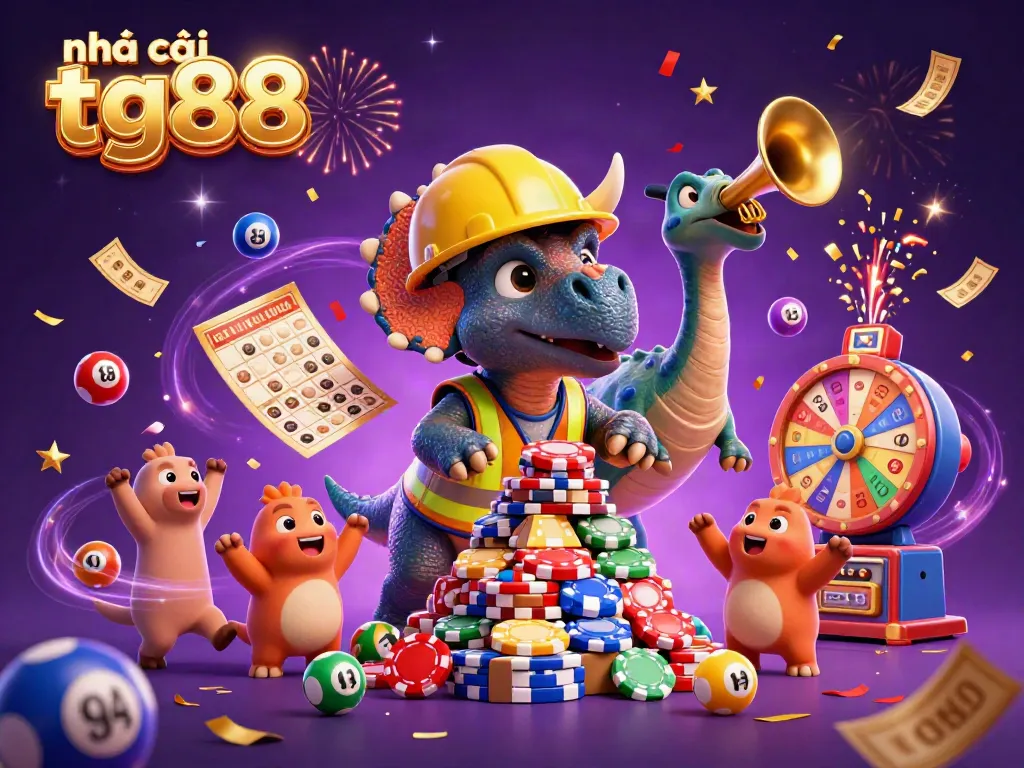 Experience excitement with Nhà cái tg88 as a 3D dinosaur builds chip pyramids amidst colorful lottery elements.