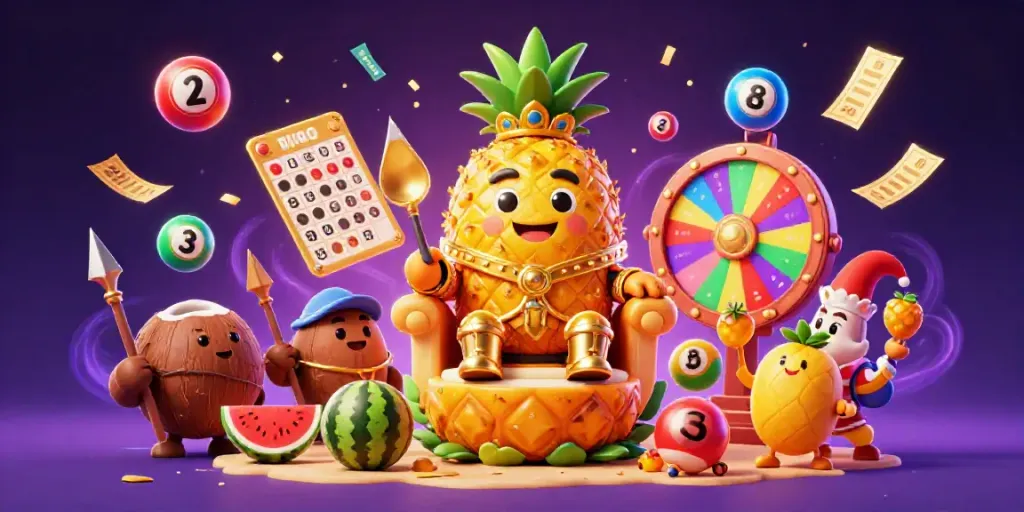 Engage in Game đánh bài dynamic play with colorful lottery balls and vibrant characters at a beach casino.